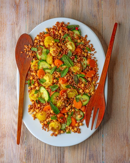 ‘I make this with a mix of cucumbers if I find them’: spelt, cucumber and chickpea salad.