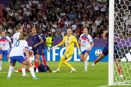 France’s Selma Bacha (right) makes a vital clearance late on to deny England a point.