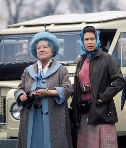 The Queen with Queen Elizabeth the Queen Mother at the Badminton horse trials, watching the cross country event, 1976.