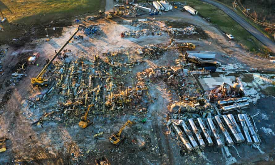 Kentucky candle factory search and rescue operations underwayMAYFIELD, KENTUCKY - DECEMBER 13: An aerial view of debris and structural damage is seen at the Mayfield Consumer Products candle factory as search and rescue operations underway after tornadoes hit Mayfield, Kentucky on December 13, 2021. (Photo by Tayfun Coskun/Anadolu Agency via Getty Images)