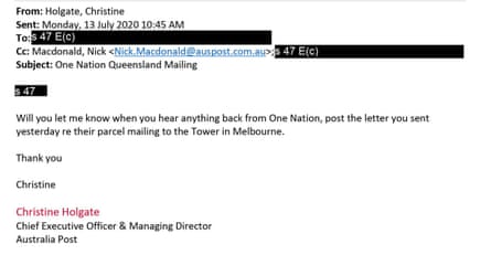 Email from Christine Holgate to Australia Post staff member regarding One Nation issue