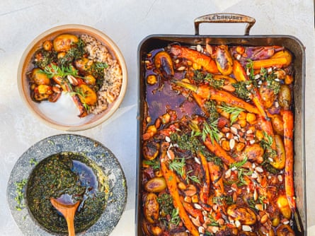 Tom Hunt’s ways with carrots and carrot tops – caramelised carrot and chickpea stew with carrot top chermoula.