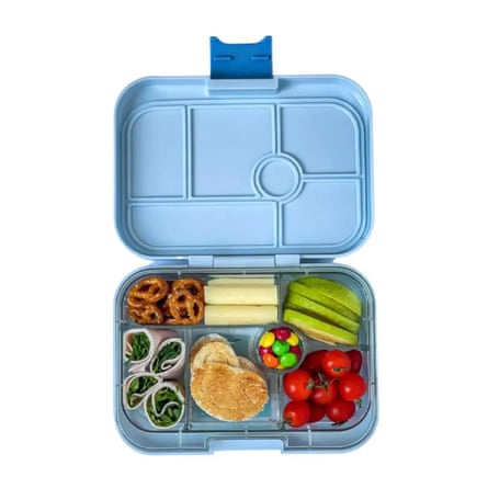 Yumbox Original (Classic) Leakproof Bento Lunch Box in blue. In the compartments there are different foods.