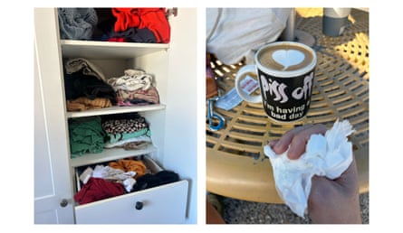 Drawers of clothing and a cup of coffee
