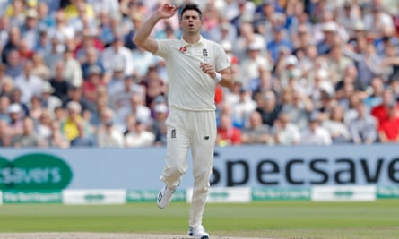 James Anderson during his short bowling stint before going off injured during day one at Edgbaston in the first Ashes Test in 2019