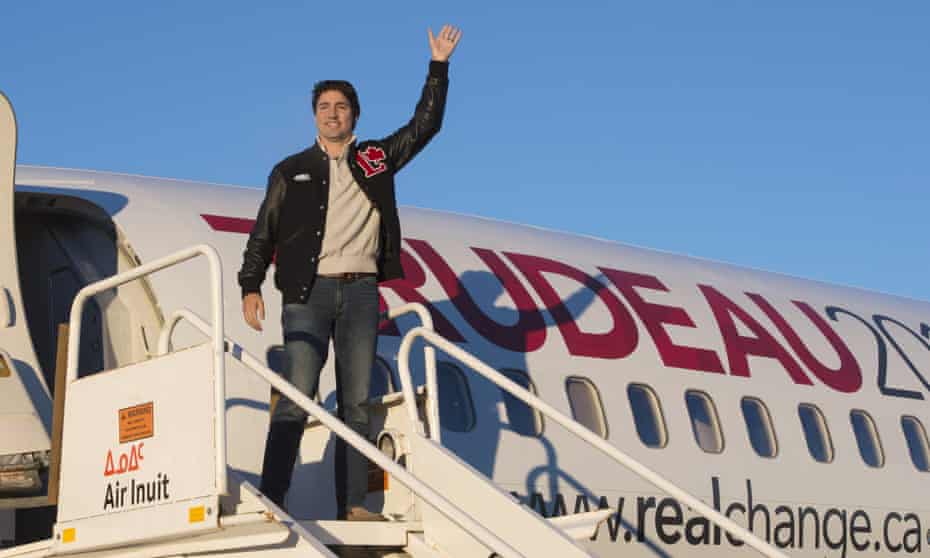 Canadian Liberal leader Justin Trudeau steps off his campaign plane on election day in Montreal.