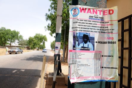 A wanted poster for Boko Haram leader Abubakar Shekau in Maduguri in 2013.