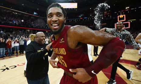 Donovan Mitchell celebrates after scoring 71 points to set a franchise record as the Cavaliers beat the Chicago Bulls.