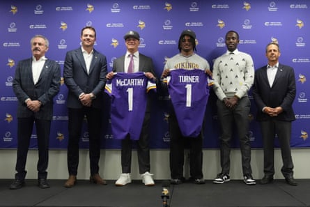 From left to right, Minnesota Vikings owner Zygi Wilf, head coach Kevin O’Connell, first round draft picks JJ McCarthy and Dallas Turner, general manager Kwesi Adofo-Mensah and owner Mark Wilf pose for a photo on Friday in Eagan, Minnesota.