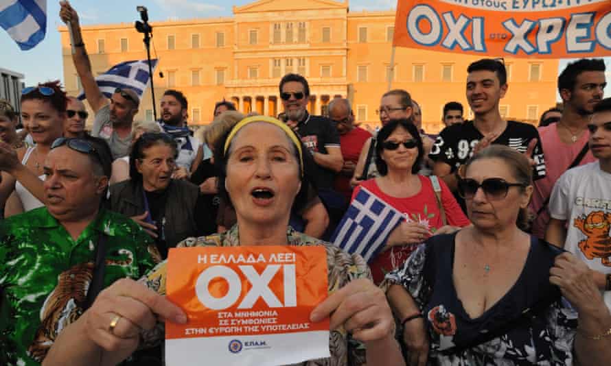Supporters of a no vote in Greece’s referendum on its bailout outside the Greek parliament in Athens last summer
