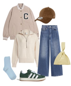 Beige jacket, brown baseball cap,widelegged blue heans, yellow leather clutch bag, campus trainers,  by Adidas, pale blue socks, cream half-zip jumper