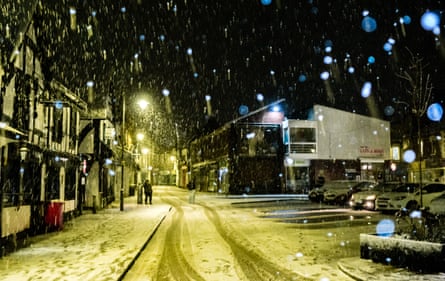 A snowy street in Leominster, Herefordshire