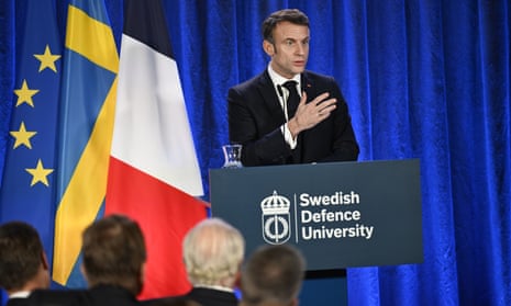 Emmanuel Macron gives a speech on security policy at Karlberg Castle in Stockholm, Sweden.