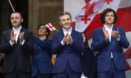 Chairman of the Georgian Dream party, Irakli Garibashvili (left), former prime minister and party founder Bidzina Ivanishvili (centre) and Georgian prime minister, Irakli Kobakhidze (right), in Tbilisi, Georgia, 29 April 2024.