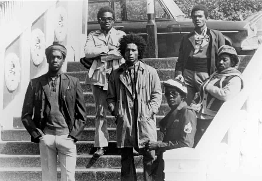 The Wailers in London in 1973 ... (from left) Peter Tosh, Aston ‘Family Man’ Barrett, Bob Marley, Earl Lindo, Carlton Barrett and Bunny Wailer.