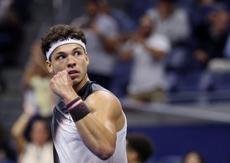 Ben Shelton reacts during his US Open quarter-final against Carlos Alcaraz at Flushing Meadows.