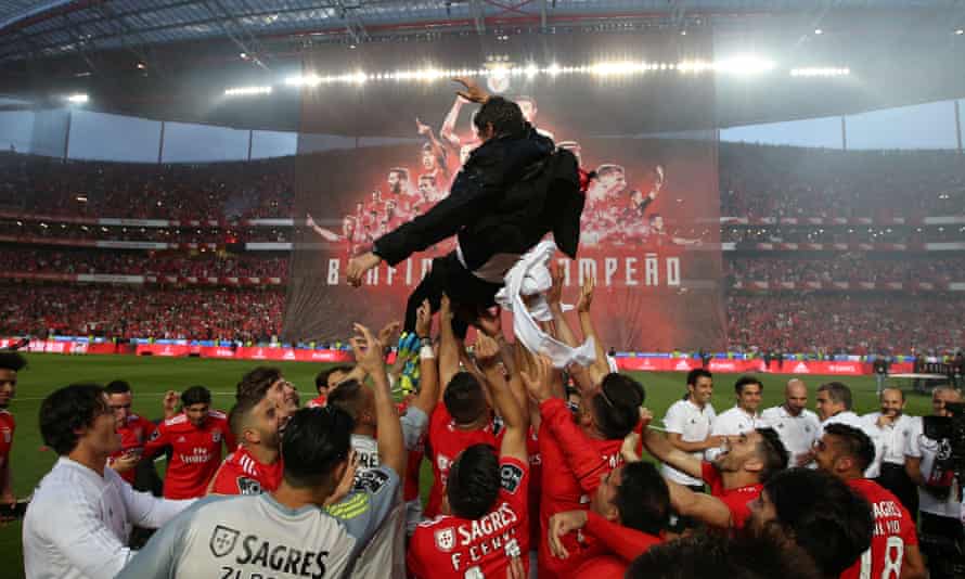 Bruno Lage is propelled into the air after bringing Benfica the Primeira Liga title in 2019 – however he left the club in June 2020 after a run of poor results.