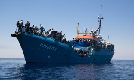 The Iuventa in the Mediterranean with 447 rescued people onboard, July 2016