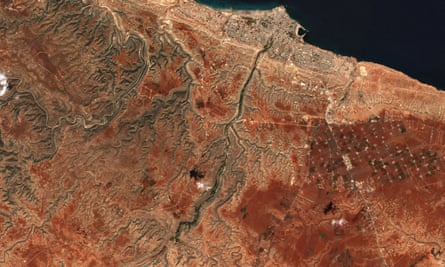 A satellite view of dams south of Derna on 7 September.
