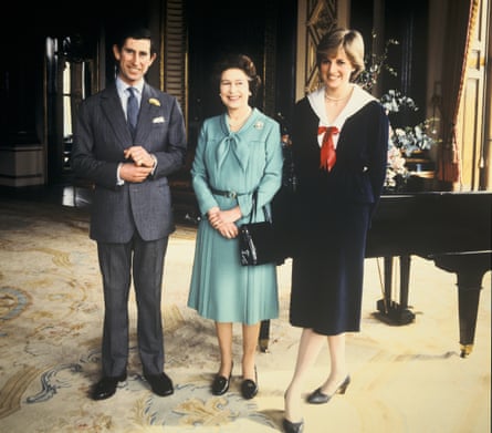 The Queen with Prince Charles and Lady Diana Spencer at Buckingham Palace in 1981, shortly after the announcement of their engagement.