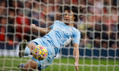 Manchester City’s Nathan Ake clears off the line.