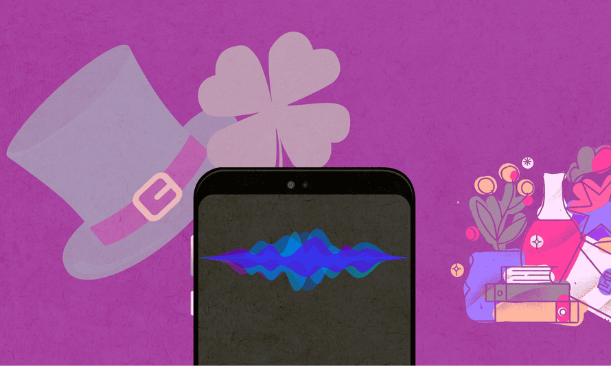 An illustration featuring a phone and a four leaf clover