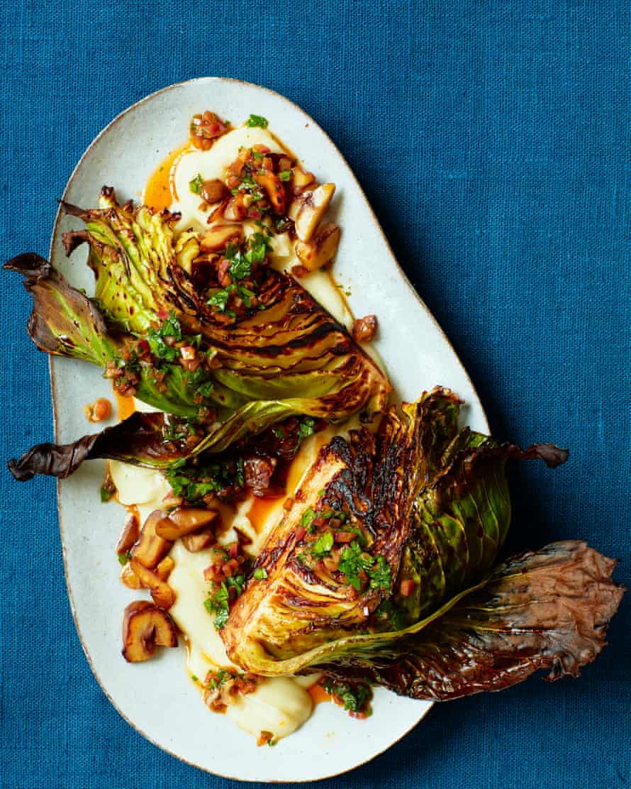 Thomasina Miers’ charred cabbage with jerusalem artichokes and chestnuts.