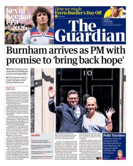 Front page of the Guardian 21 July 2026