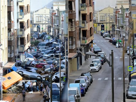 Before and after flooding devastation in Sedavi, south of Valencia