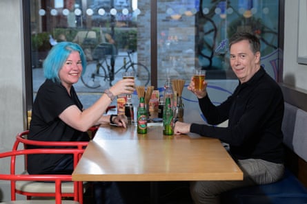 Cushla and Martin chat across a restaurant table