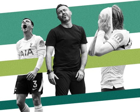 Andy Robertson yells, Roberto De Zerbi winces, and James Maddison hides his face, over green stripes