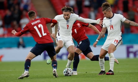 Jack Grealish on the ball against the Czech Republic. His inclusion or otherwise has been a source of tension among England fans.