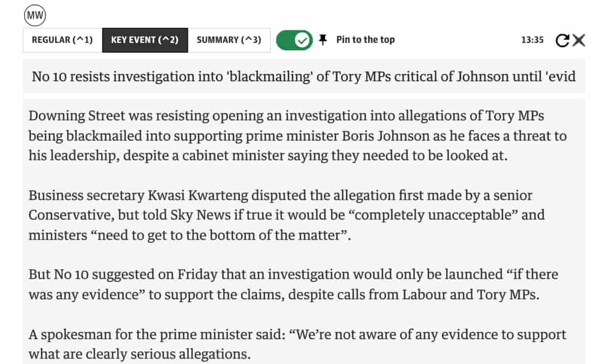 How a pinned post looks when a journalist is editing it.