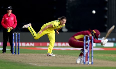 Australia’s Annabel Sutherland bowls to West Indies' captain Stafanie Taylor during the ICC Women’s Cricket World Cup 2022 semi-final at Basin Reserve.