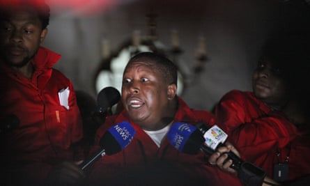 EFF leader Julius Malema speaks to journalists outside parliament.