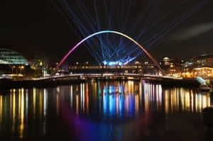 Newcastle, UK. The laser light city display over the Millennium and Tyne bridges will be controlled by the public using an app.