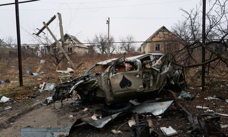 A bombed vehicle in Avdiivka, Ukraine