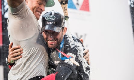 Ben Ainslie and Jimmy Spithill celebrate winning the 2013 America’s Cup.