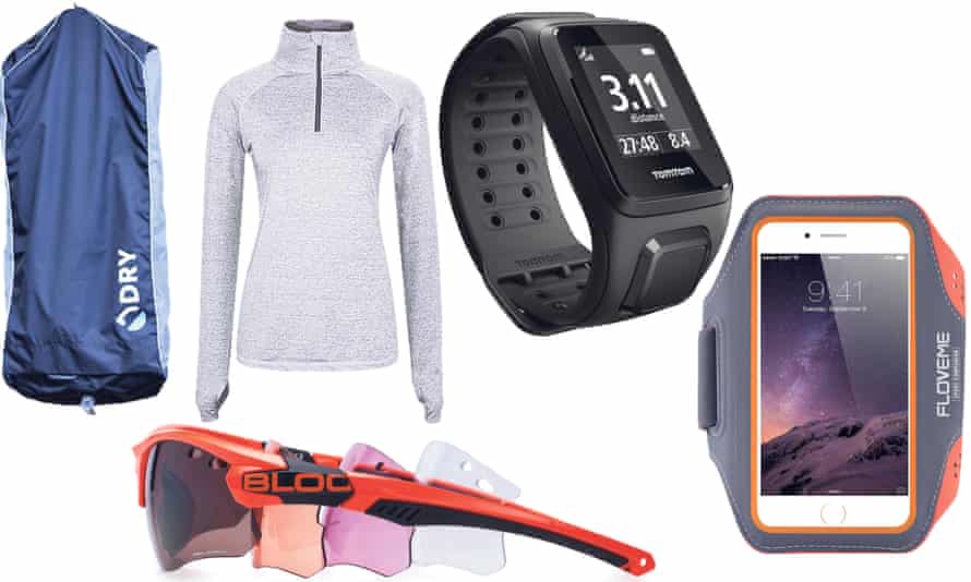 From left: The Dry Bag, Titan X632 Sunglasses plus extra lenses, Bellum grey zip up running top, TomTom Spark 3 Fitness Watch, Floveme Universal Smartphone Armband