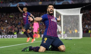 Luis Suarez of Barcelona celebrates after he scores his sides first goal.