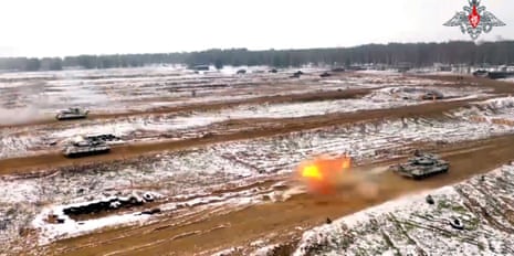 Russian forces taking part in a joint military drill with Belarus’ Army in an undisclosed location in Belarus.