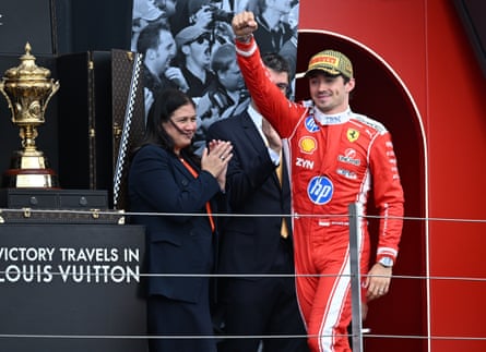 Charles Leclerc celebrates after winning the British Grand Prix.