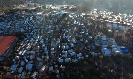 A view of the Moria camp for refugees and migrants and the neighbouring makeshift camp.