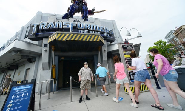 Visitors at the Universal Studios theme park in Orlando, Florida, on 5 June - the day it reopened after the coronavirus lockdown.
