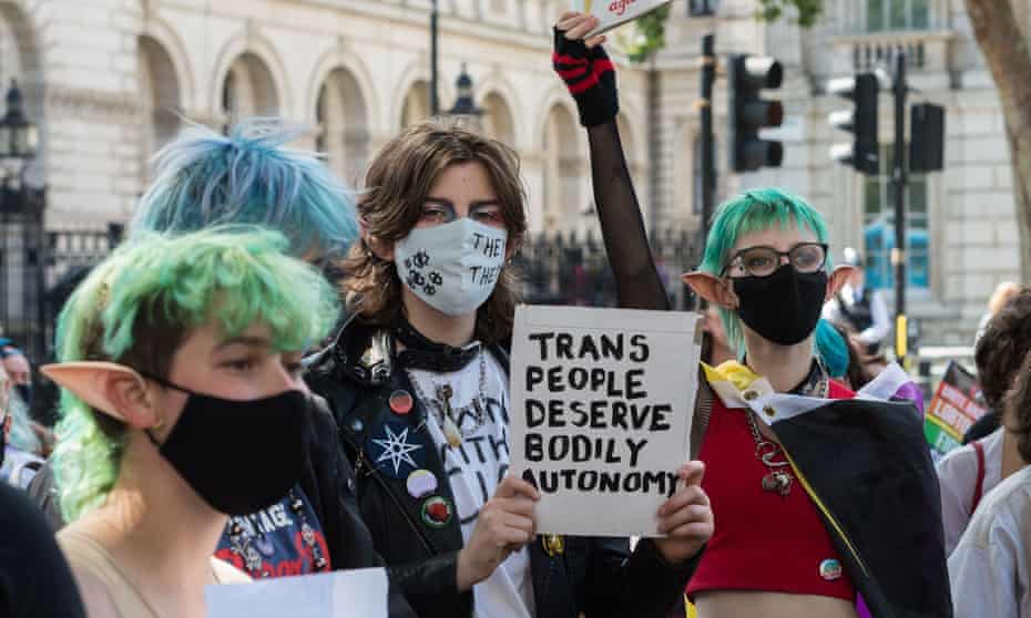 Transgender people protest outside Downing Street calling on the government to reform the Gender Recognition Act.