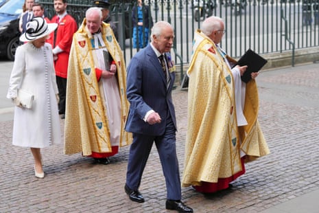 King Charles III and Queen Camilla arrive to attend a thanksgiving service at Westminster Abbey.