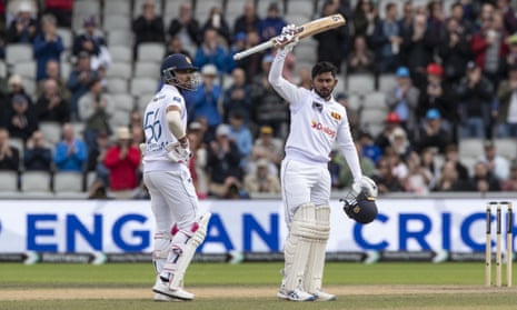 Sri Lanka’s Kamindu Mendis celebrates reaching his century against England at Old Trafford.