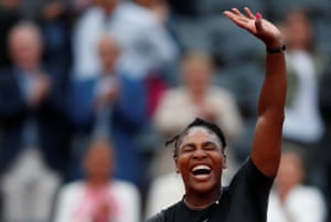 Serena Williams celebrates winning her second round match against Ashleigh Barty.