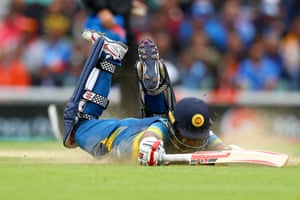 Kusal Mendis of Sri Lanka dives to make his ground but is run out against India at The Oval.