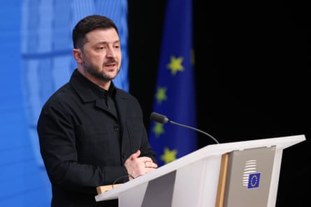 Zelenskyy speaking during to EU leaders at the summit.